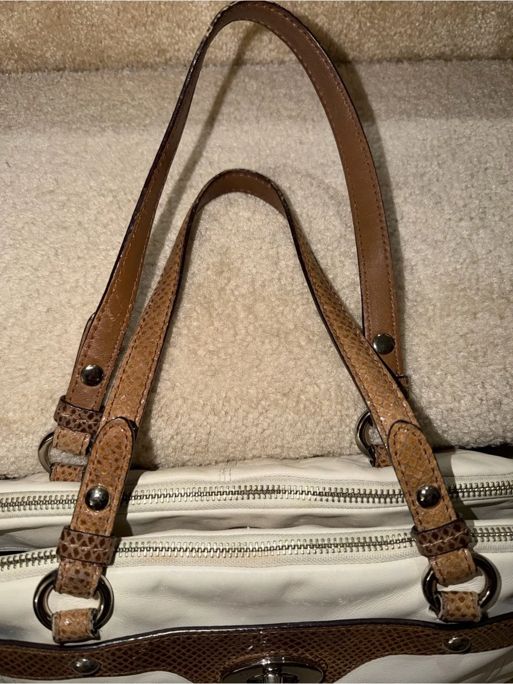 Coach Penelope Leather Satchel Ivory with Brown Snakeskin Trim Purse Handbag